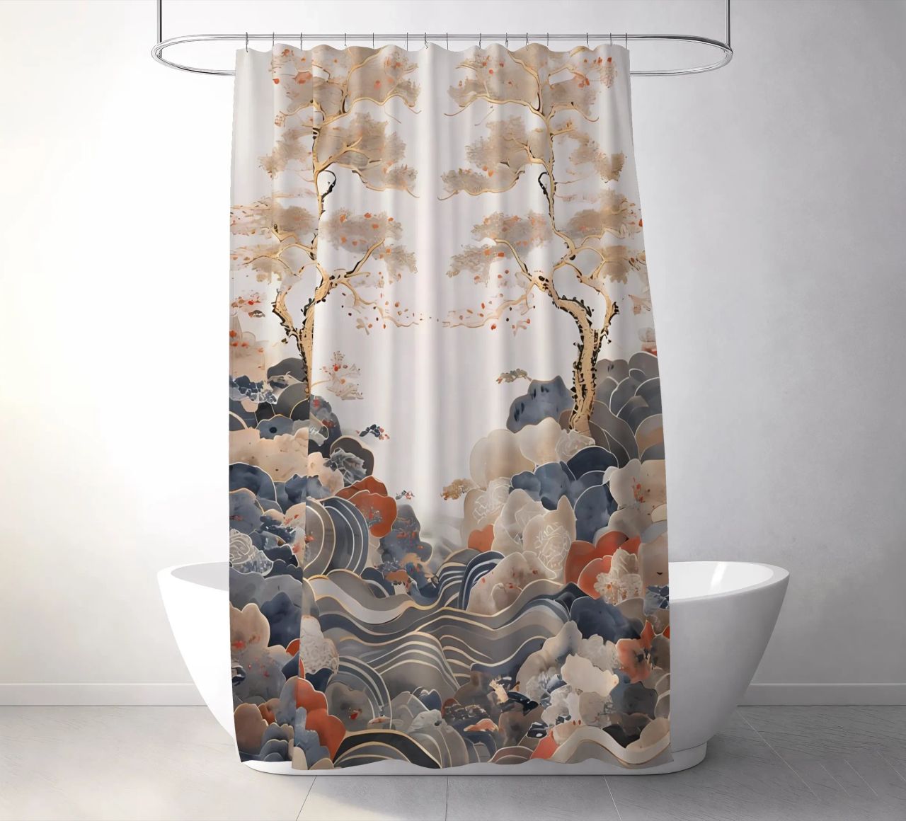 Serene Pine Trees and Rolling Waves shower curtain by Artistic-shop