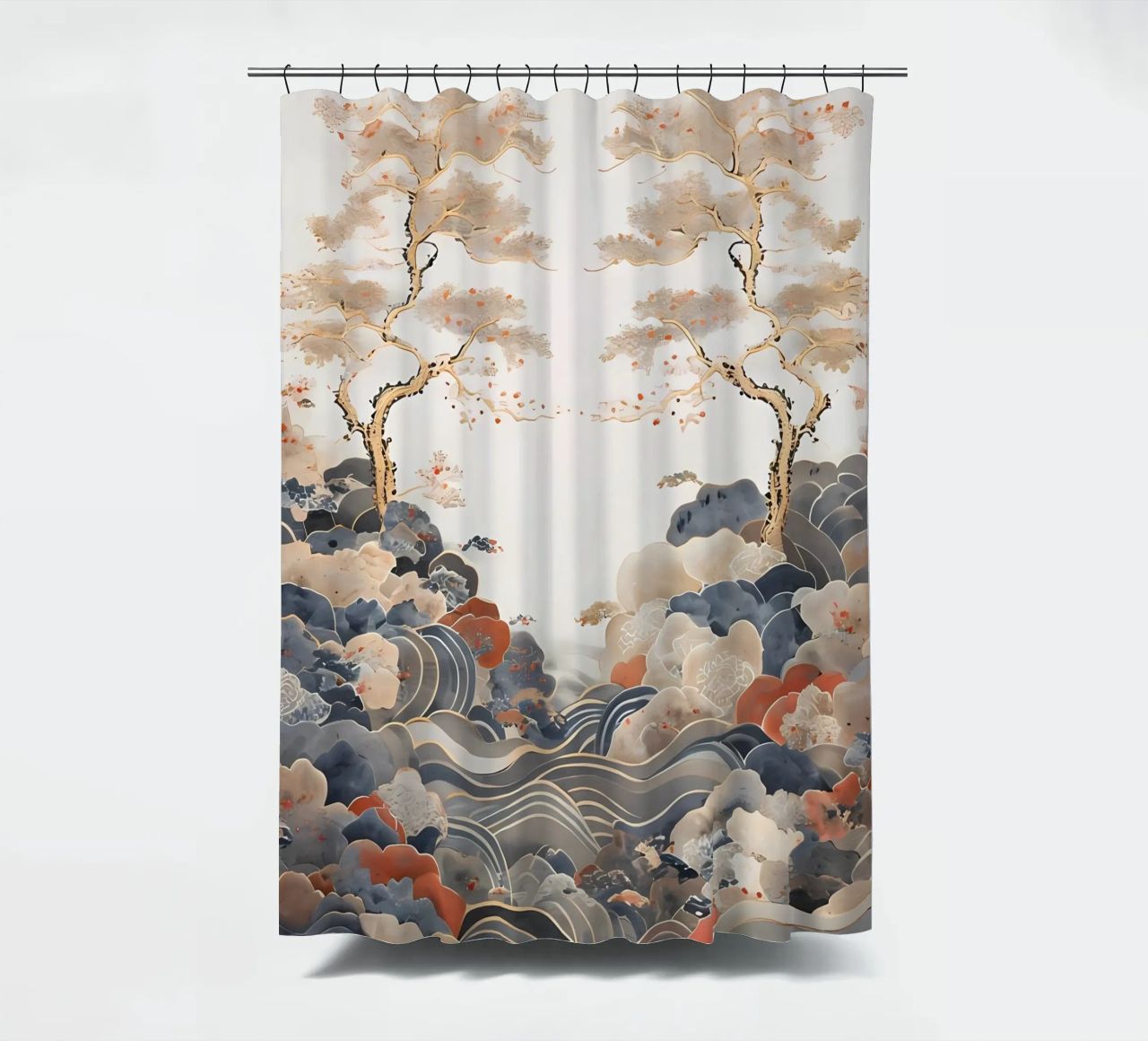 Serene Pine Trees and Rolling Waves shower curtain by Artistic-shop