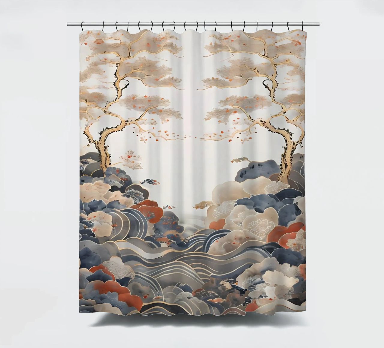 Serene Pine Trees and Rolling Waves shower curtain by Artistic-shop