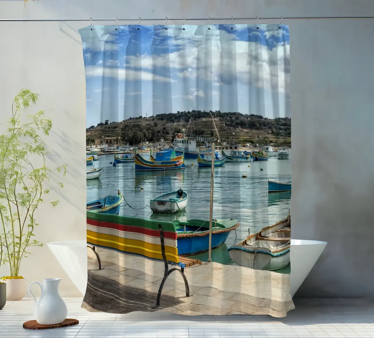 Fischerboote Duschvorhang von Curious Collections by Marielle Leenders