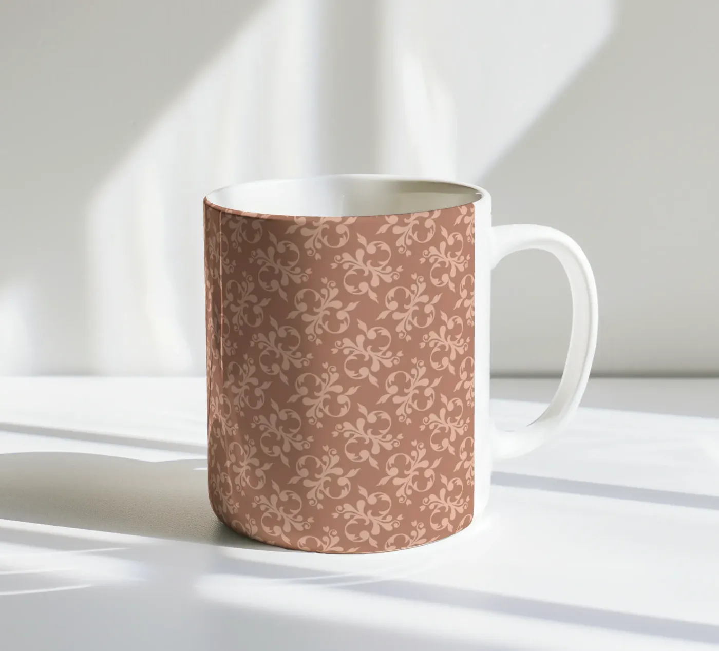 Arabesque Peach pattern ceramic mug by Vivi Nicolin
