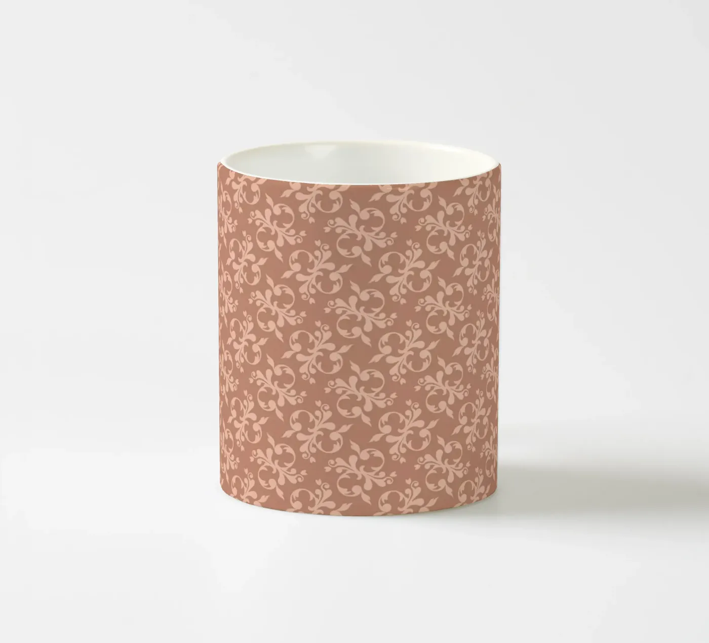 Arabesque Peach pattern ceramic mug by Vivi Nicolin