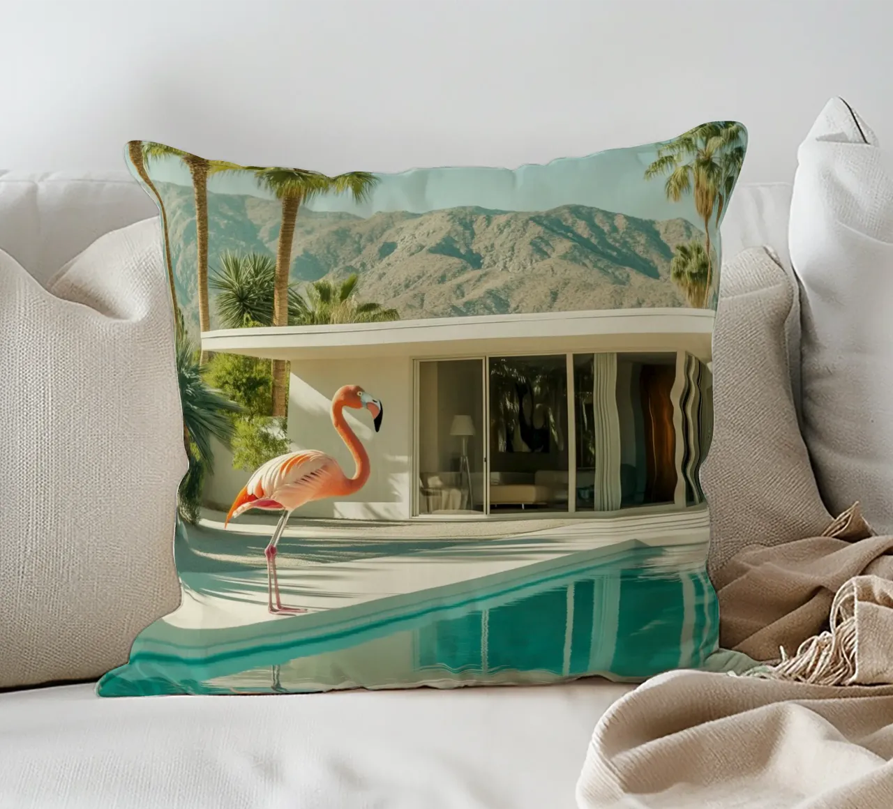 Flamingo by the pool Art decorative cushion by Carinaprint