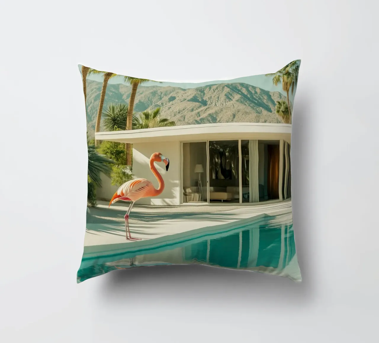 Flamingo by the pool Art decorative cushion by Carinaprint