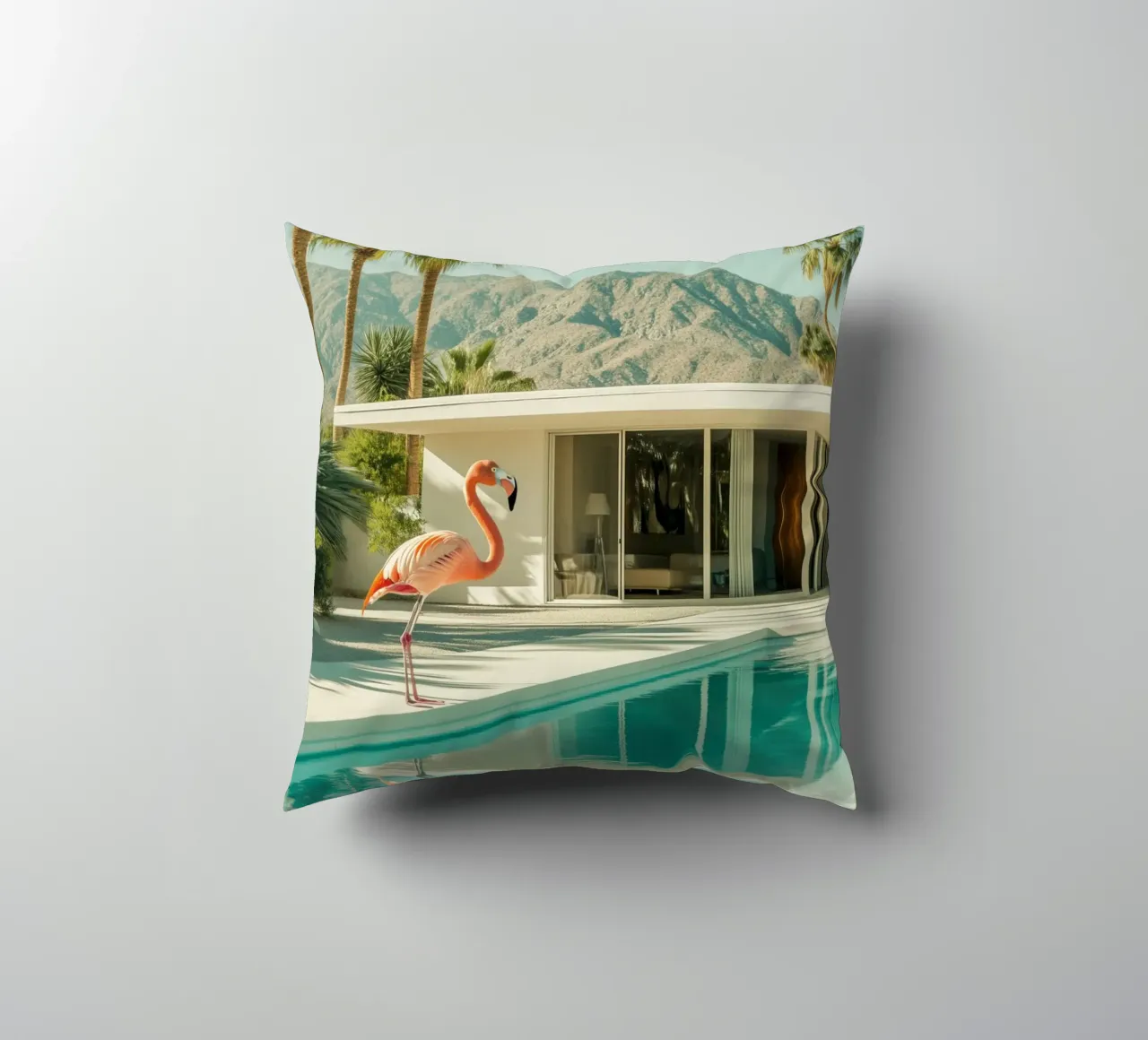 Flamingo by the pool Art decorative cushion by Carinaprint