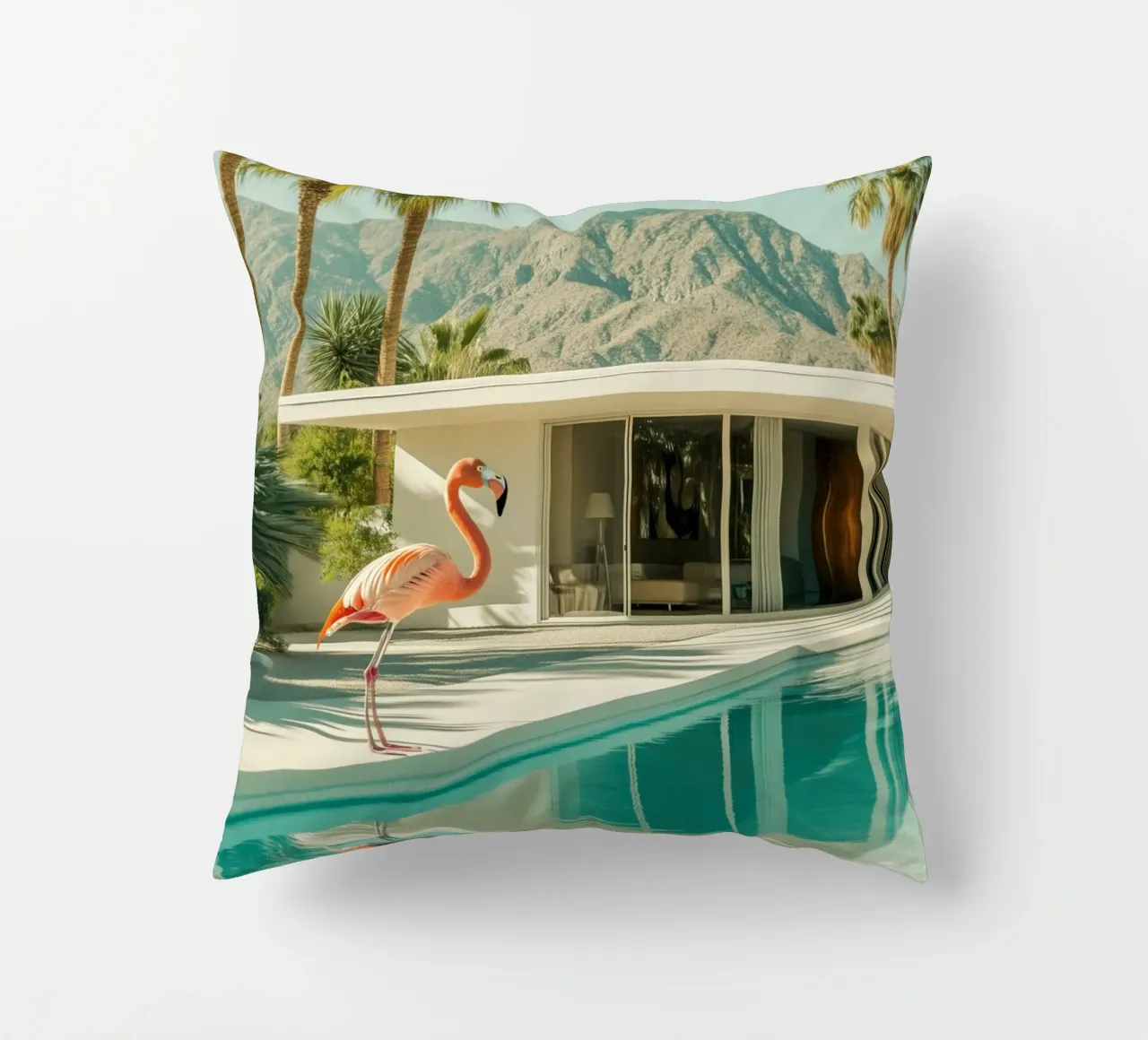 Flamingo by the pool Art decorative cushion by Carinaprint