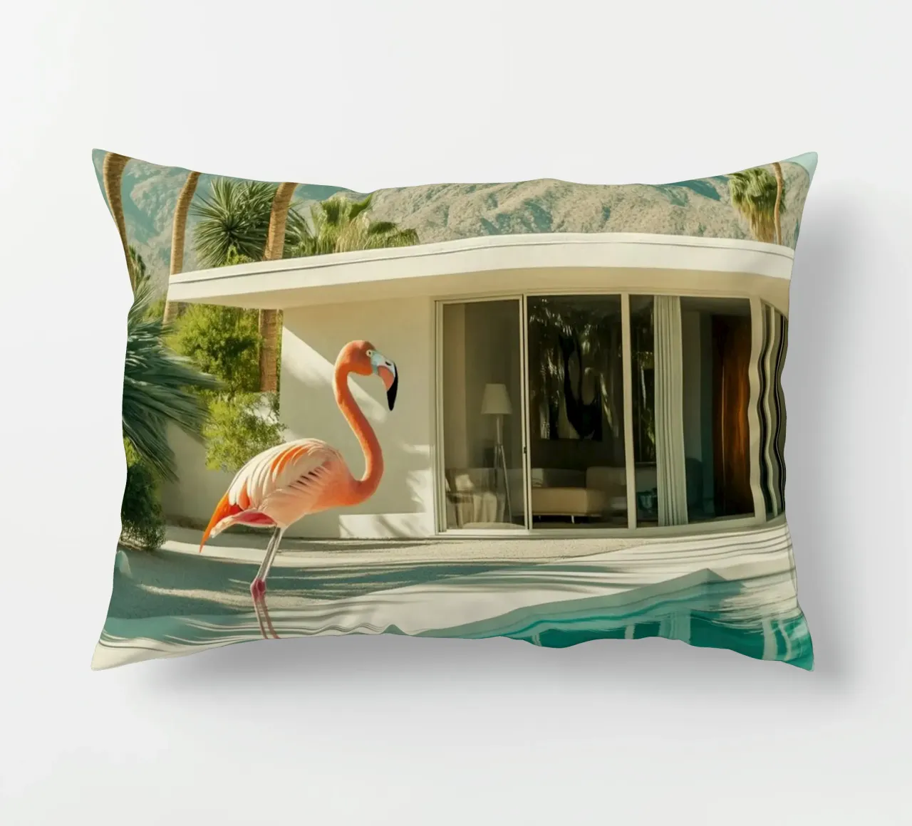 Flamingo by the pool Art decorative cushion by Carinaprint
