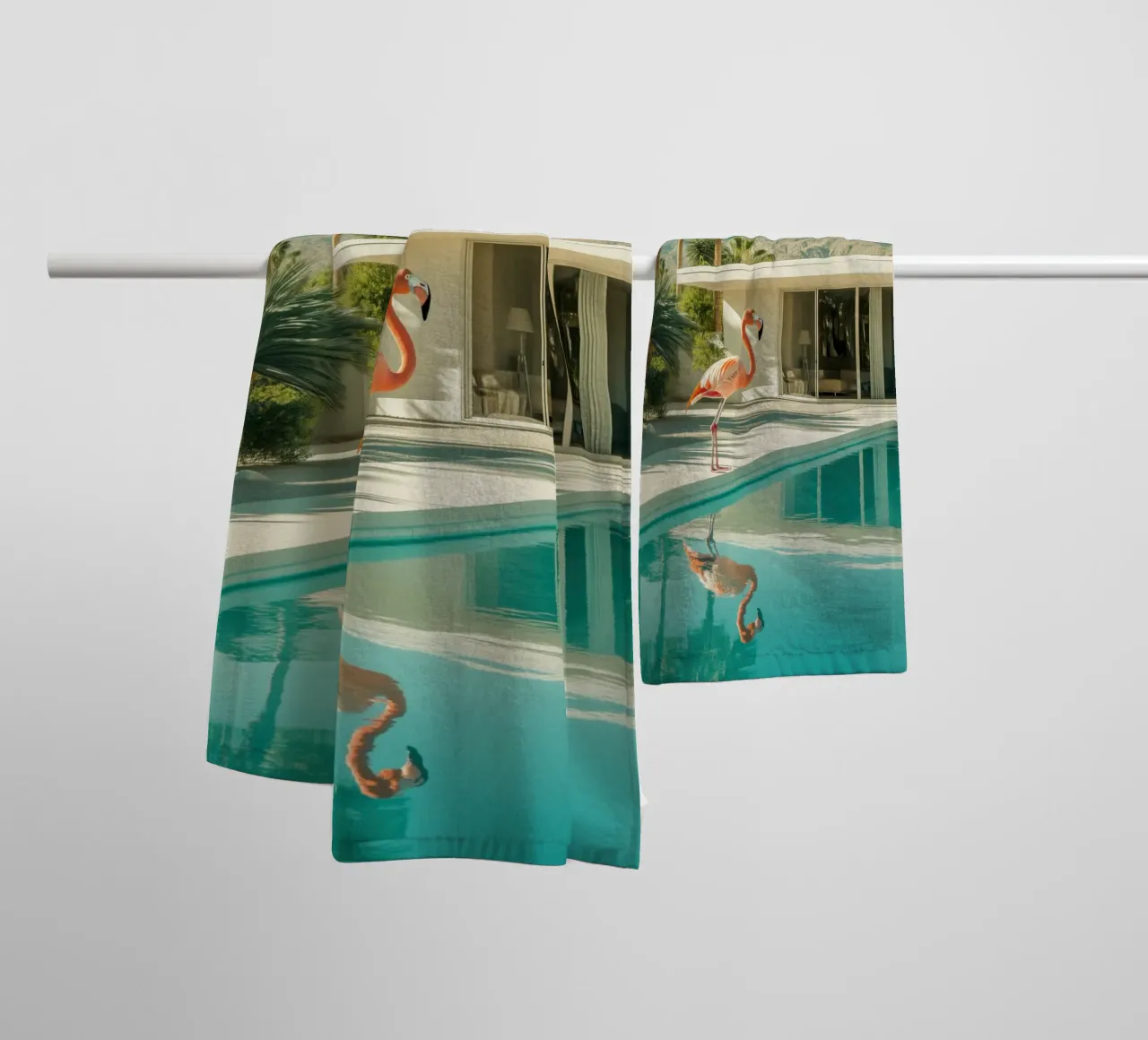 Flamingo by the pool Art towel by Carinaprint