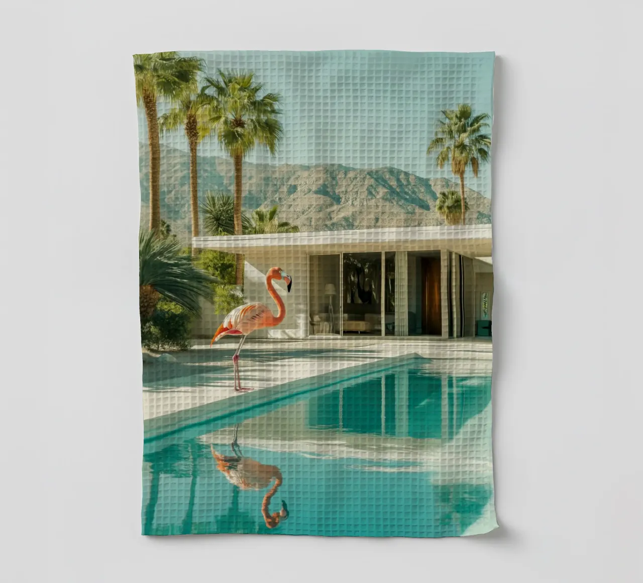 Flamingo by the pool Art tea towel by Carinaprint