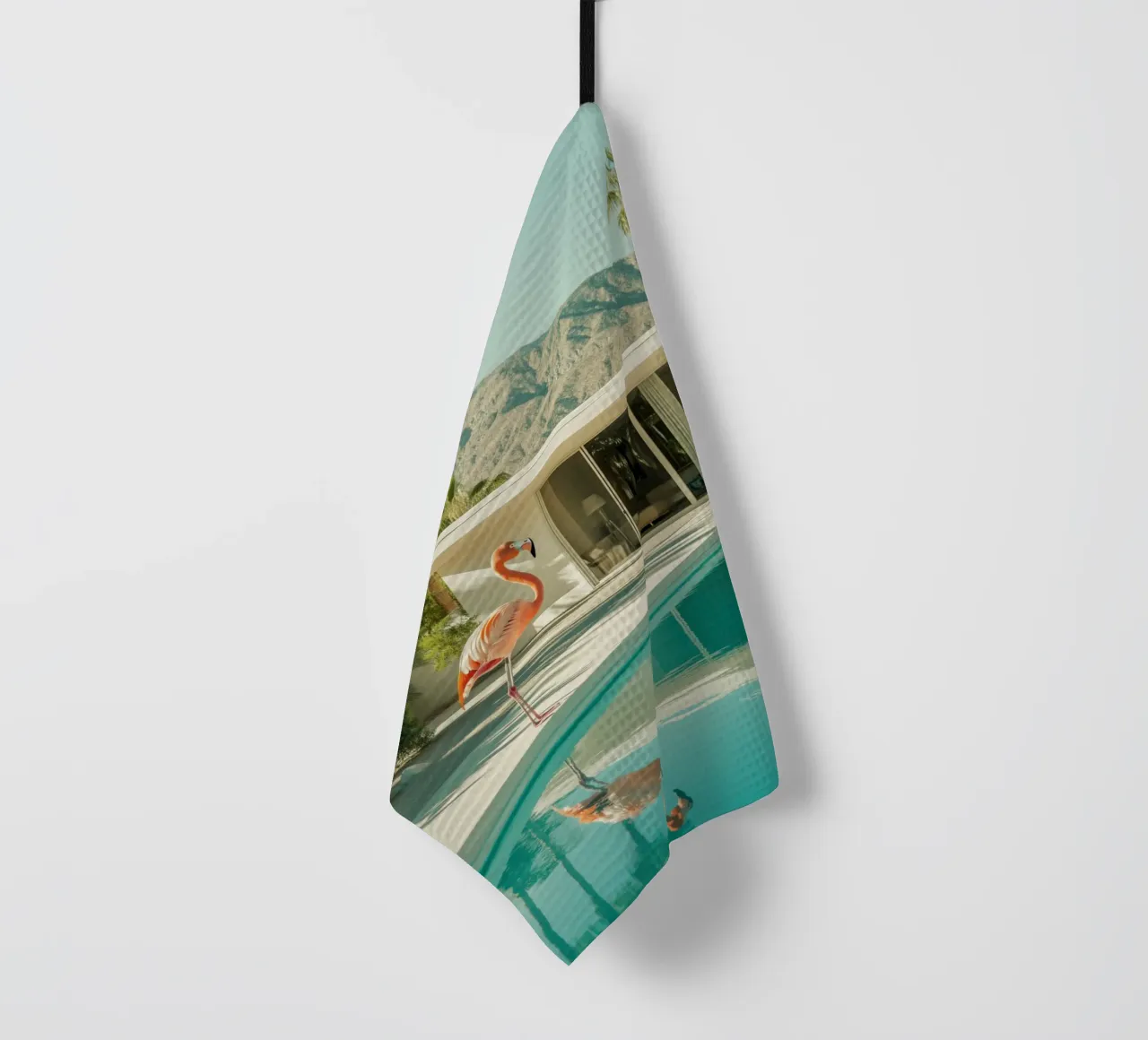 Flamingo by the pool Art tea towel by Carinaprint