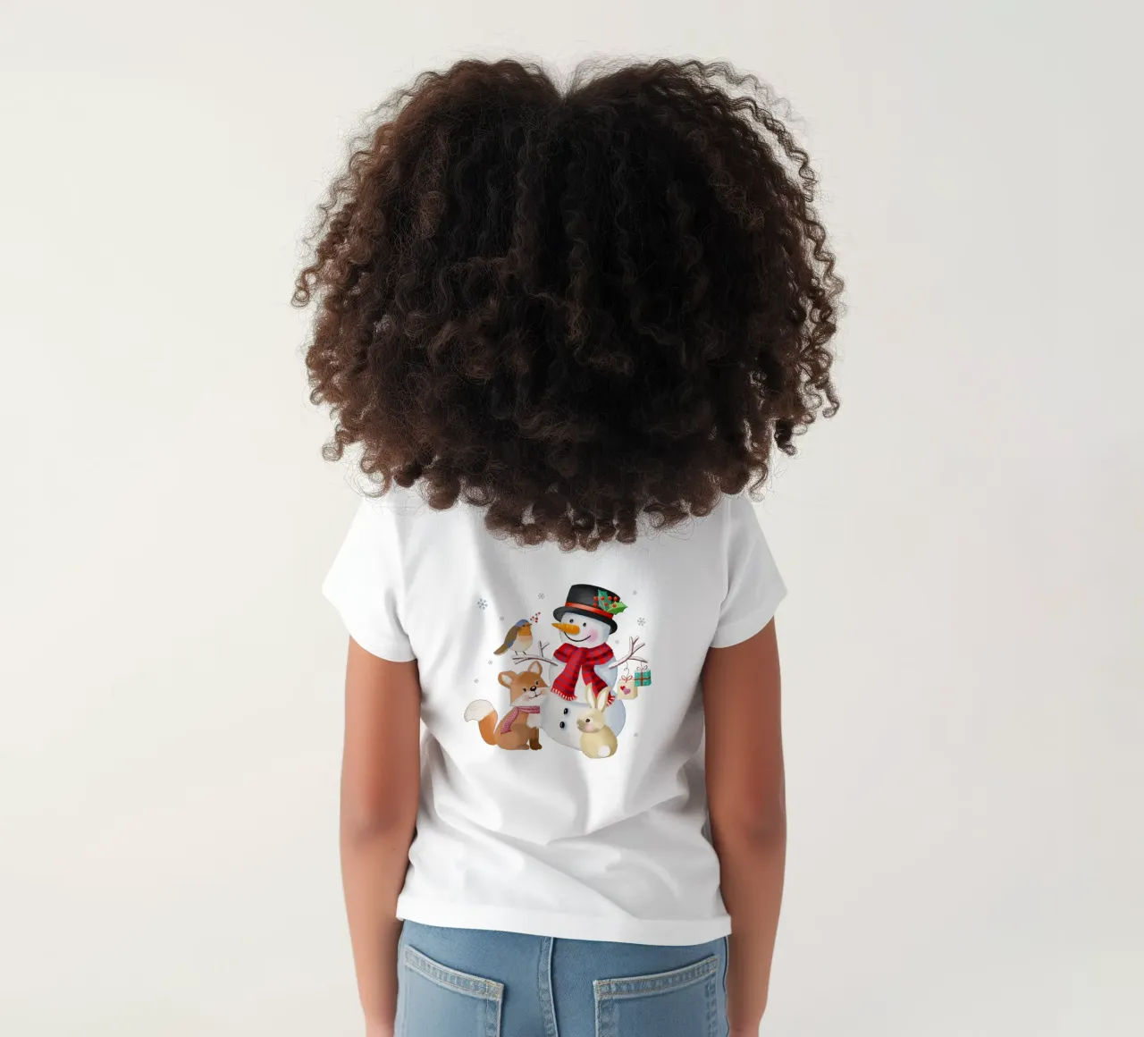 Christmas winter landscape with snowman, fox and rabbit kids t-shirt by CalliLetters