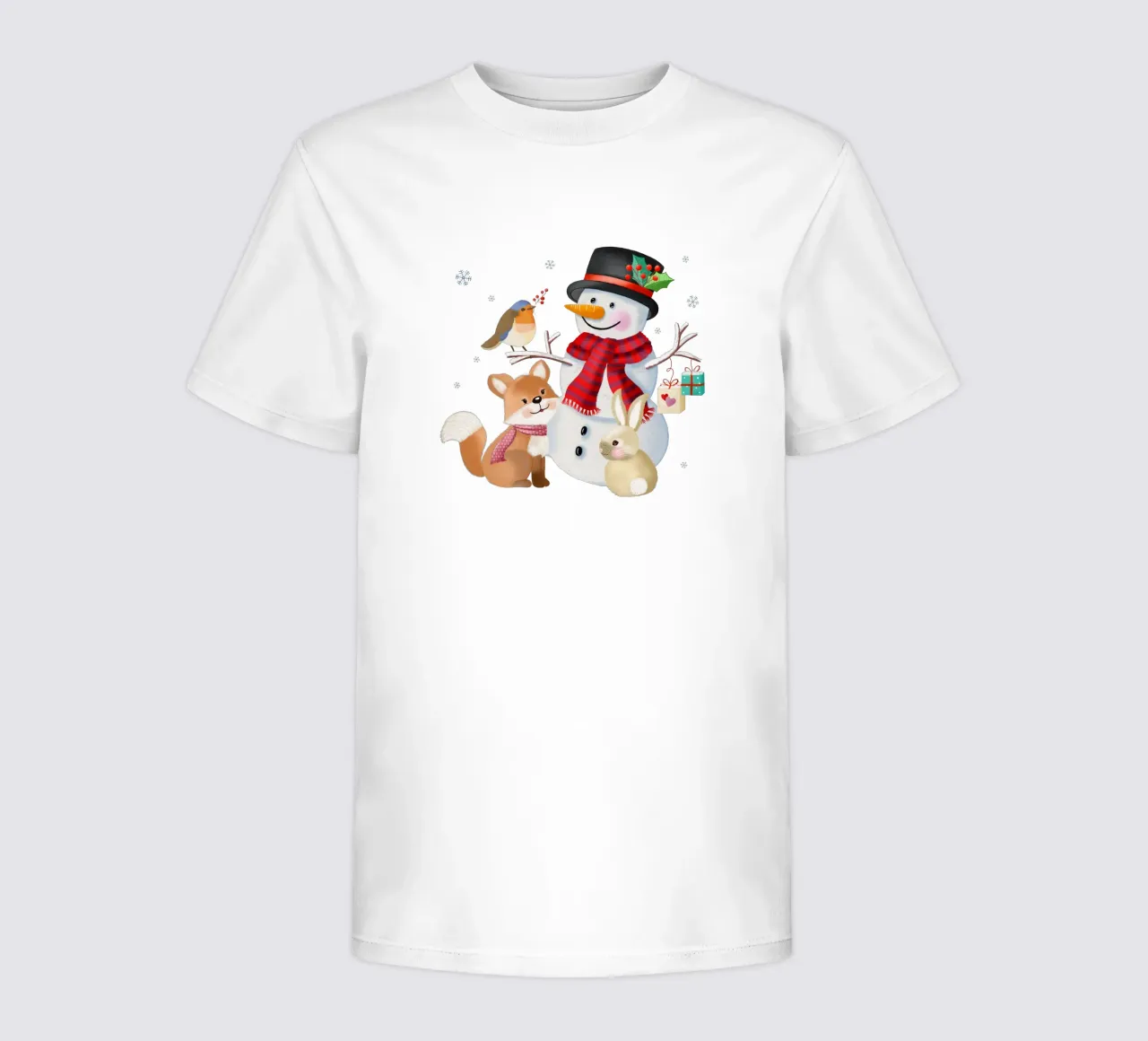 Christmas winter landscape with snowman, fox and rabbit kids t-shirt by CalliLetters