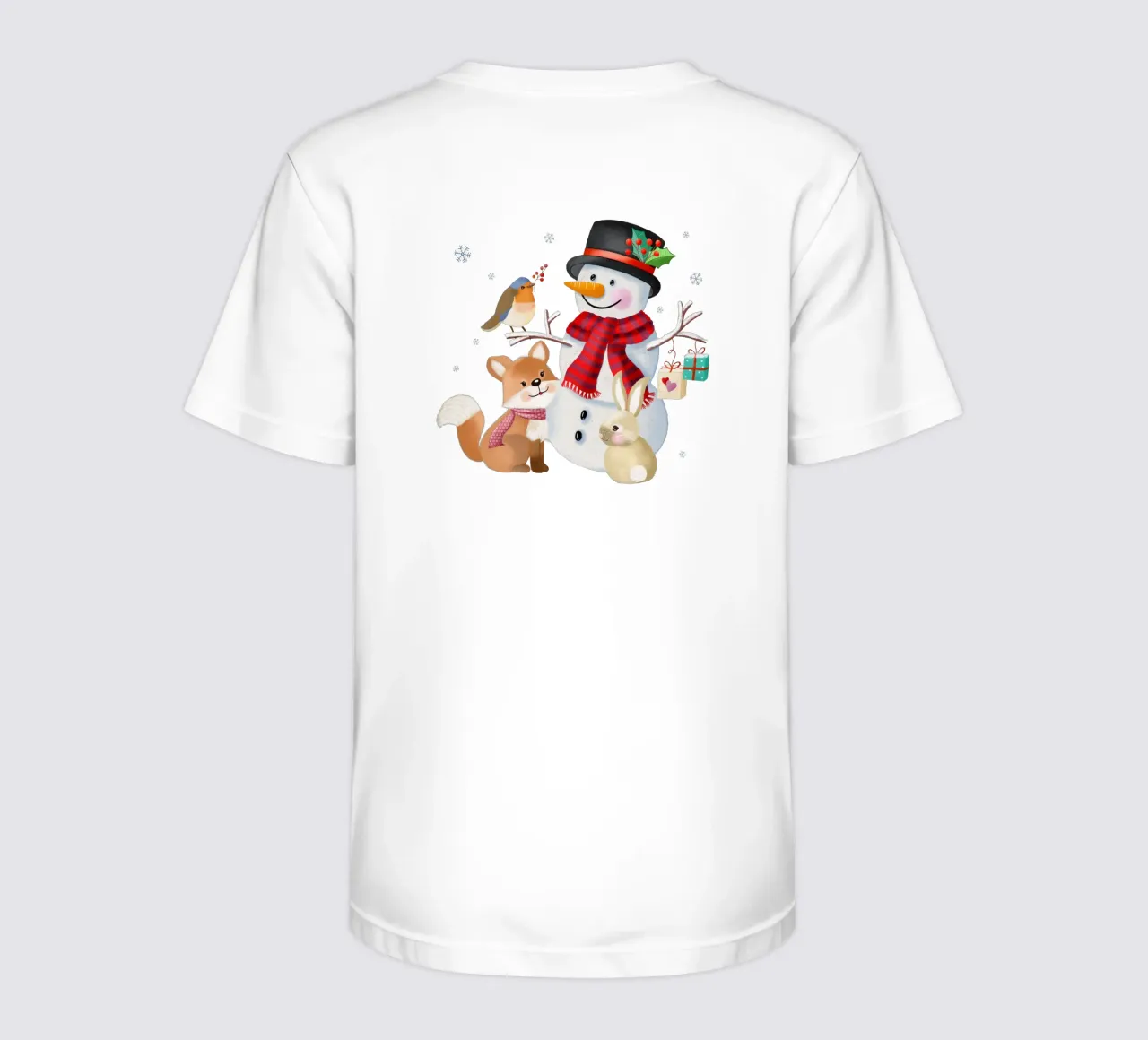 Christmas winter landscape with snowman, fox and rabbit kids t-shirt by CalliLetters
