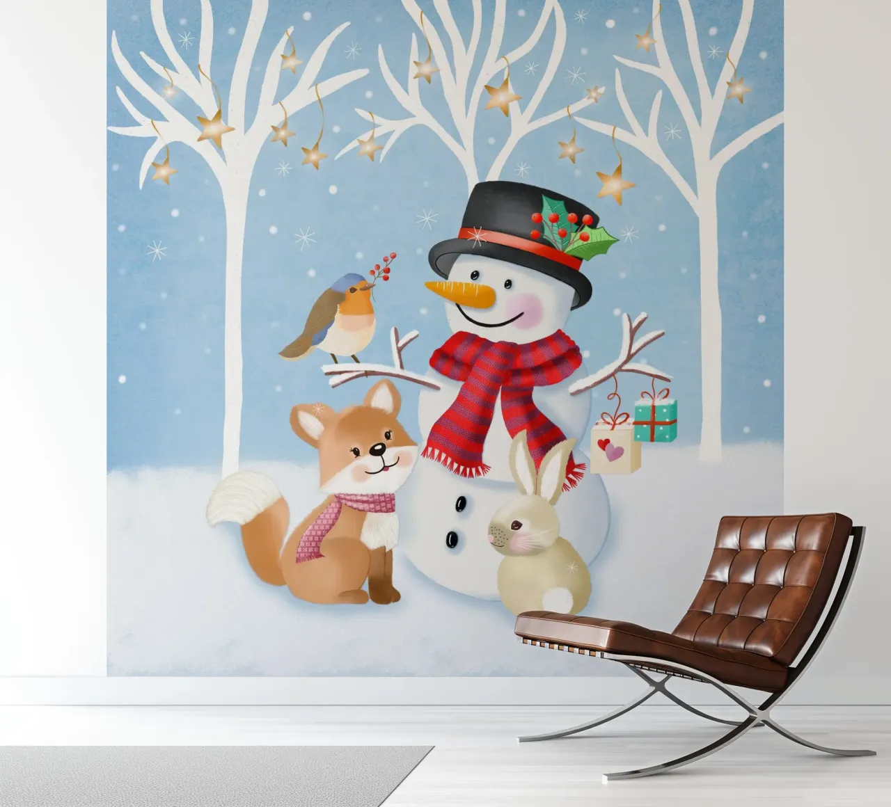Christmas winter landscape with snowman, fox and rabbit photo wallpaper by CalliLetters