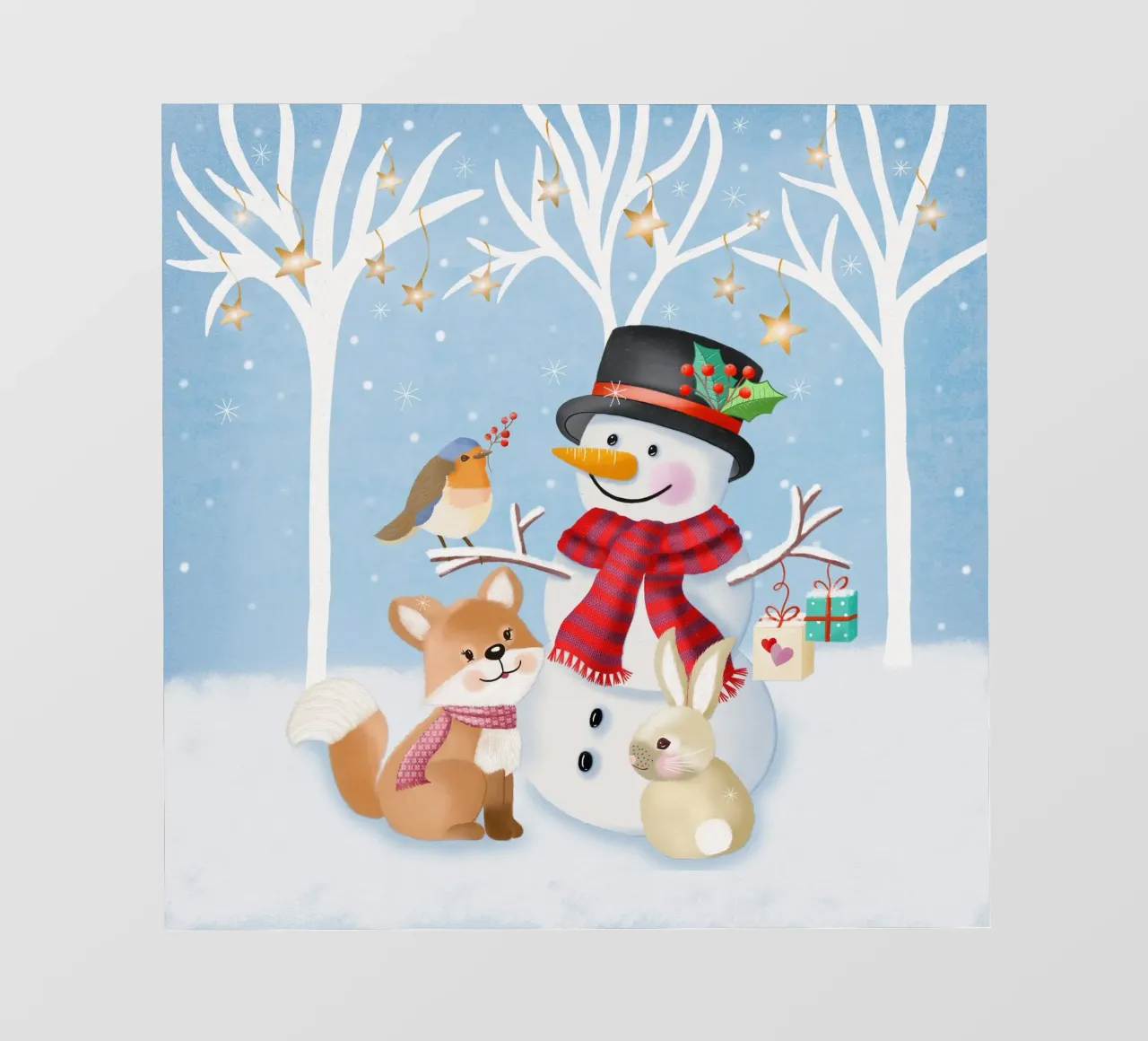 Christmas winter landscape with snowman, fox and rabbit photo wallpaper by CalliLetters