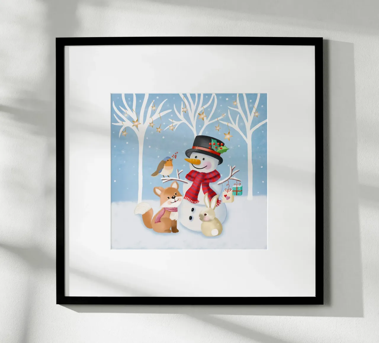 Paysage hivernal de Noël avec bonhomme de neige, renard et lapin poster de CalliLetters