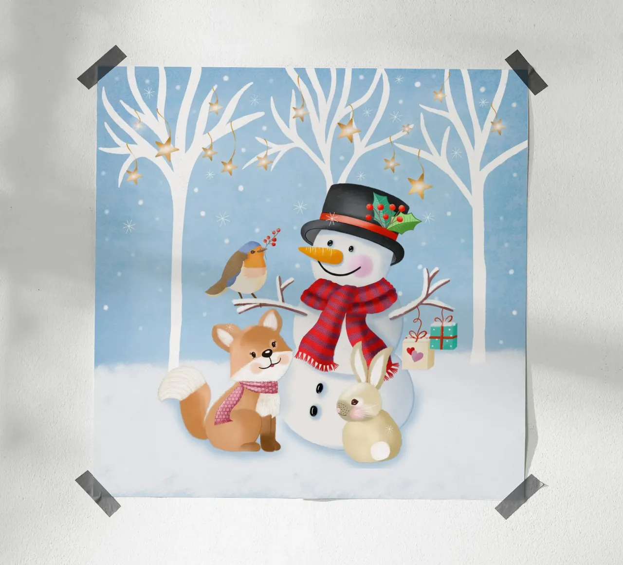 Paysage hivernal de Noël avec bonhomme de neige, renard et lapin poster de CalliLetters
