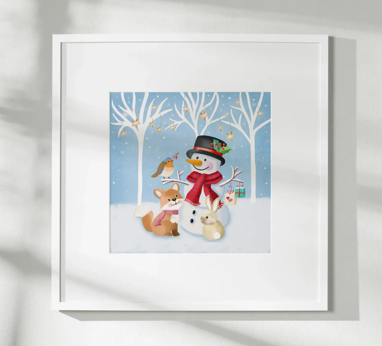 Paysage hivernal de Noël avec bonhomme de neige, renard et lapin poster de CalliLetters