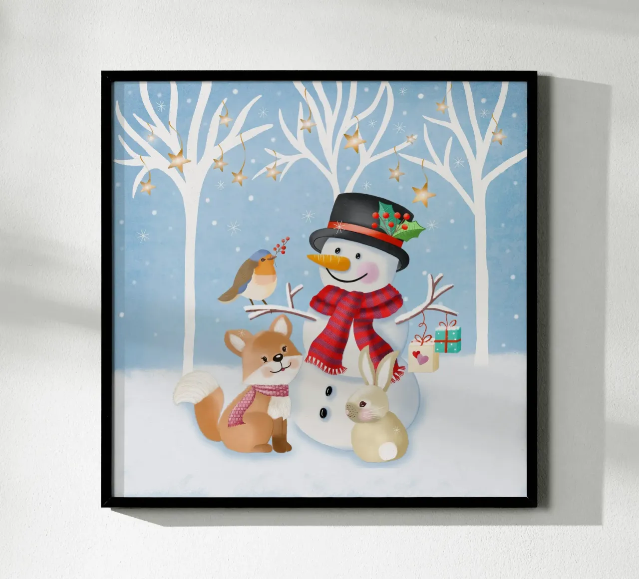 Paysage hivernal de Noël avec bonhomme de neige, renard et lapin poster de CalliLetters