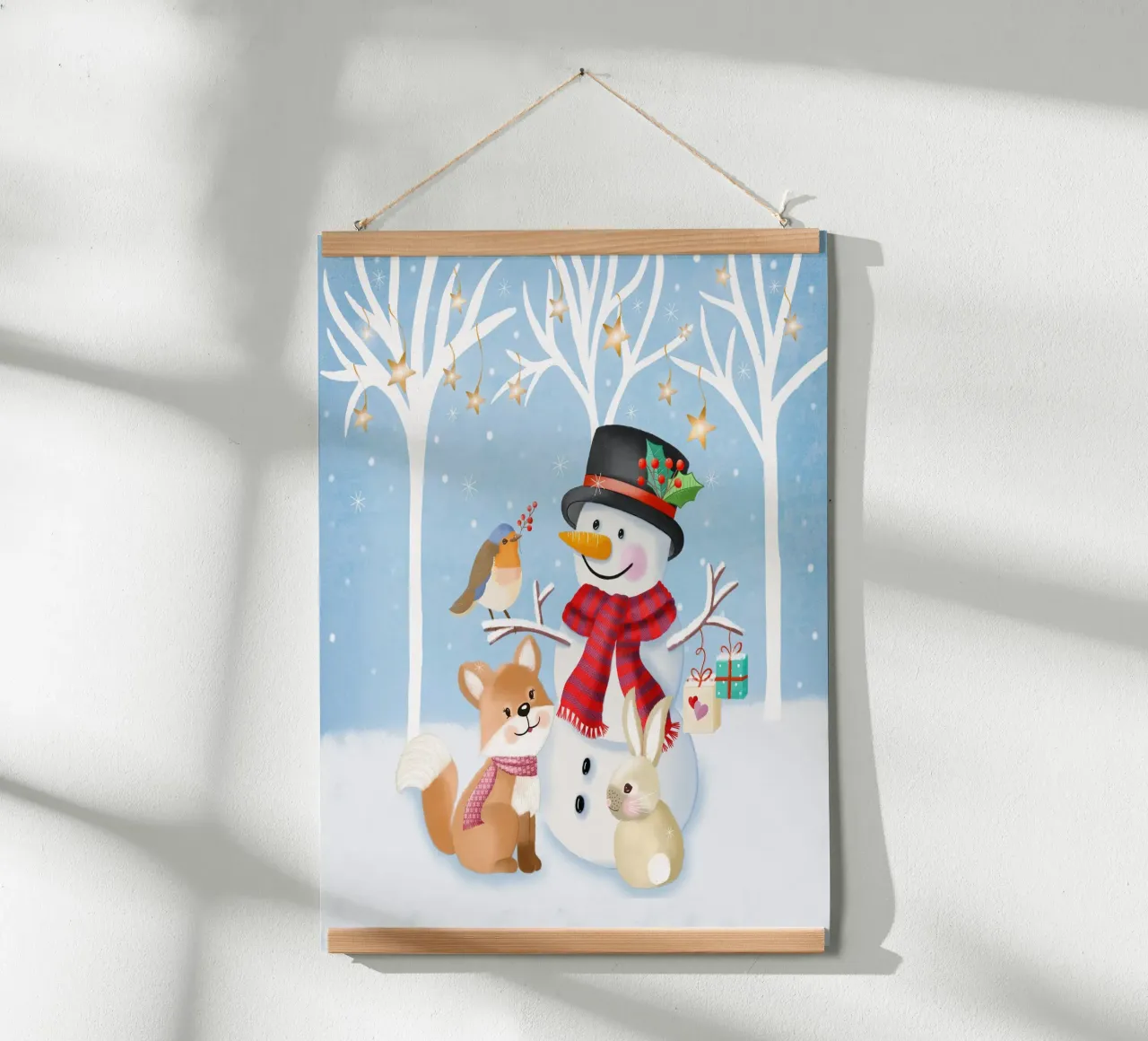Paysage hivernal de Noël avec bonhomme de neige, renard et lapin poster de CalliLetters