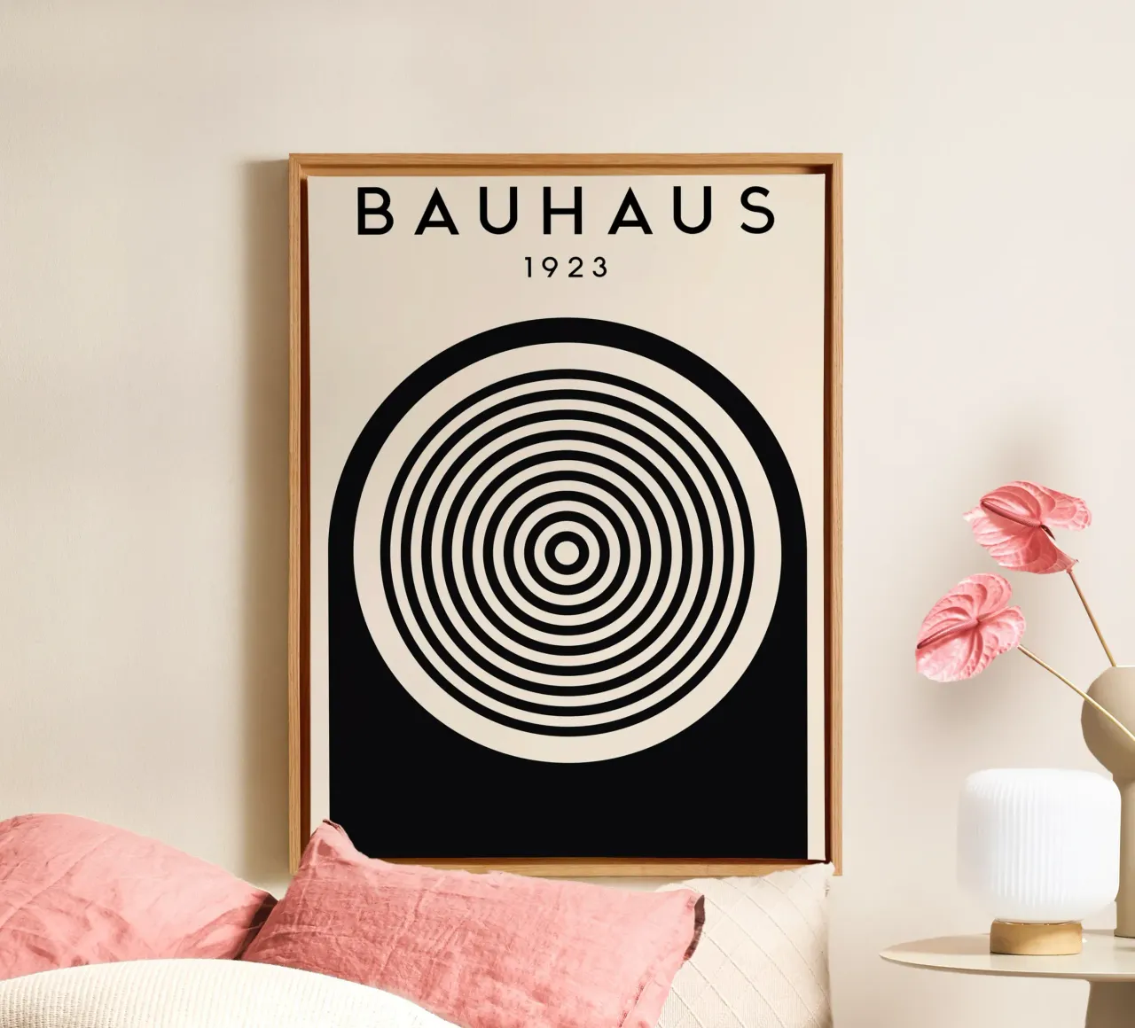 Bauhaus circles - Geometric art in retro style canvas with Floater frame by Whole©