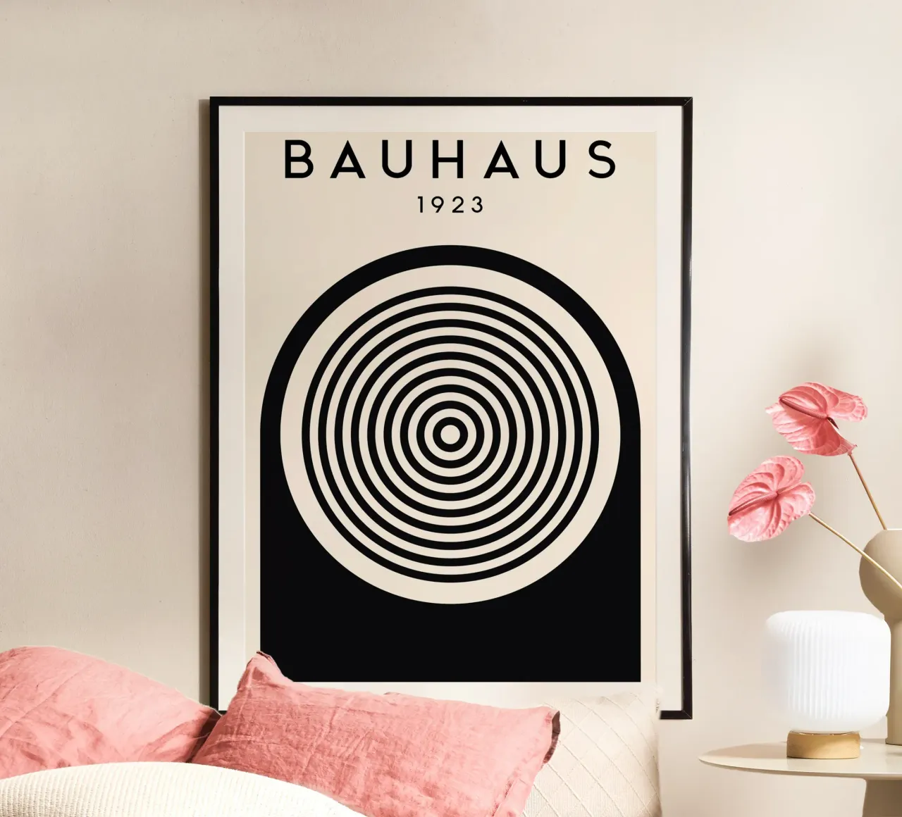 Bauhaus circles - Geometric art in retro style poster with wooden frame by Whole©