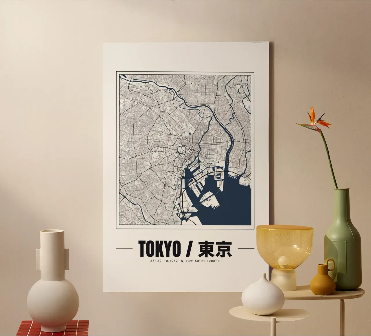 Minimalistische kaart van Tokio - Hedendaags stedelijk ontwerp kunst canvas met Baklijst van Ben & Clo creations
