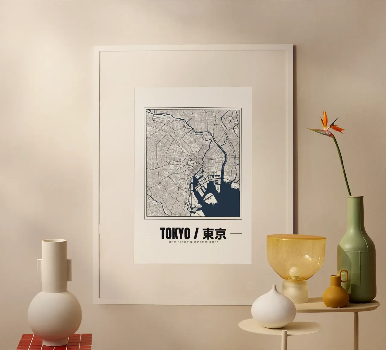Minimalistische kaart van Tokio - Hedendaags stedelijk ontwerp kunst poster met houten frame van Ben & Clo creations
