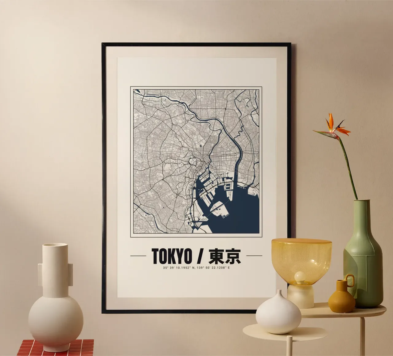 Minimalistische kaart van Tokio - Hedendaags stedelijk ontwerp kunst poster met houten frame van Ben & Clo creations