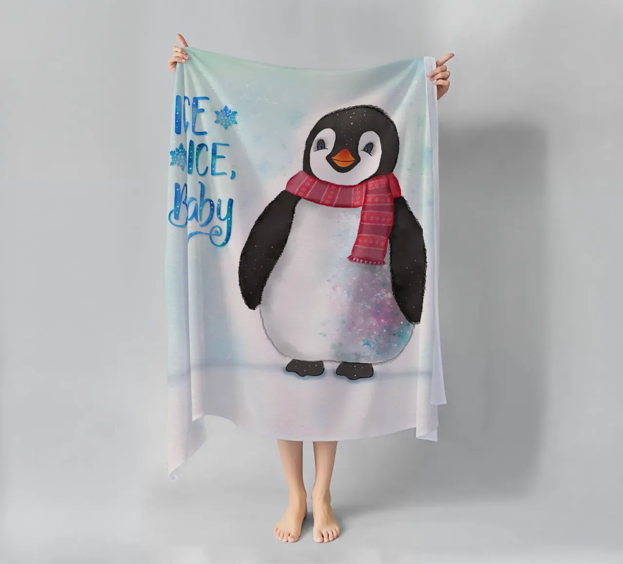Penguin in the snow. Ice, Ice, Baby. beach towel by CalliLetters