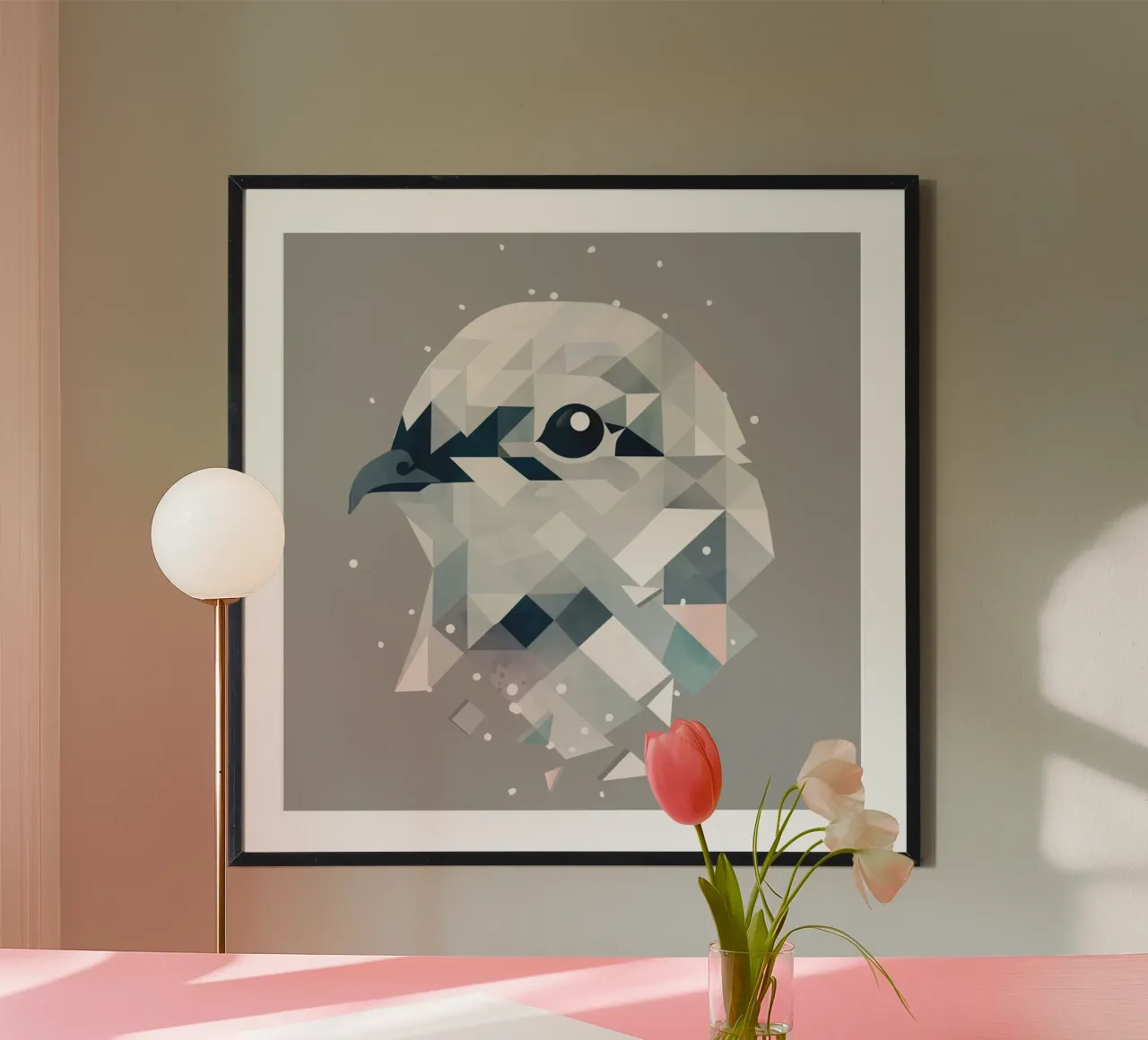 Elegantes Schneehuhn in geometrischer Kunst Poster mit Holzrahmen von namosh