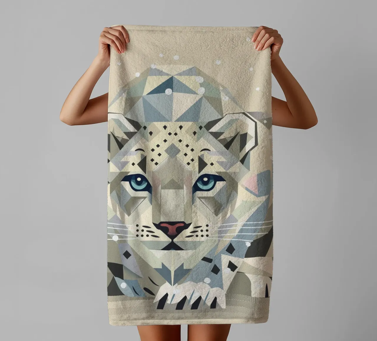 Geometric snow leopard - strong elegance in the wild towel by namosh