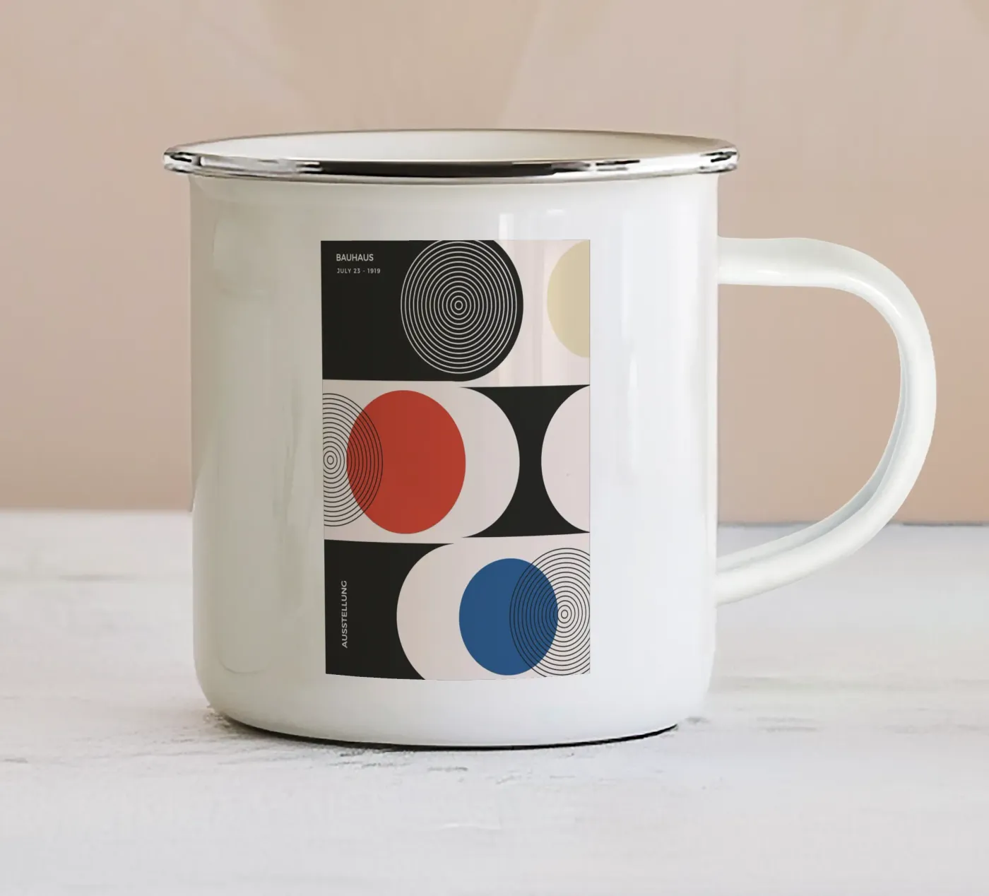 Bauhaus exhibition - Circles and primary colours design enamel mug by Whole©