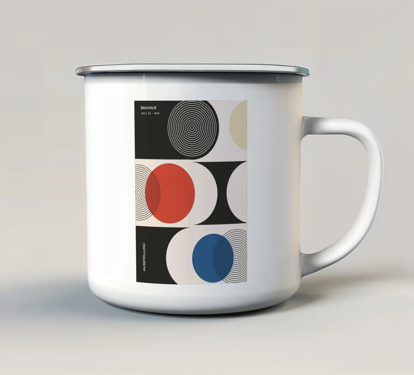 Bauhaus exhibition - Circles and primary colours design enamel mug by Whole©