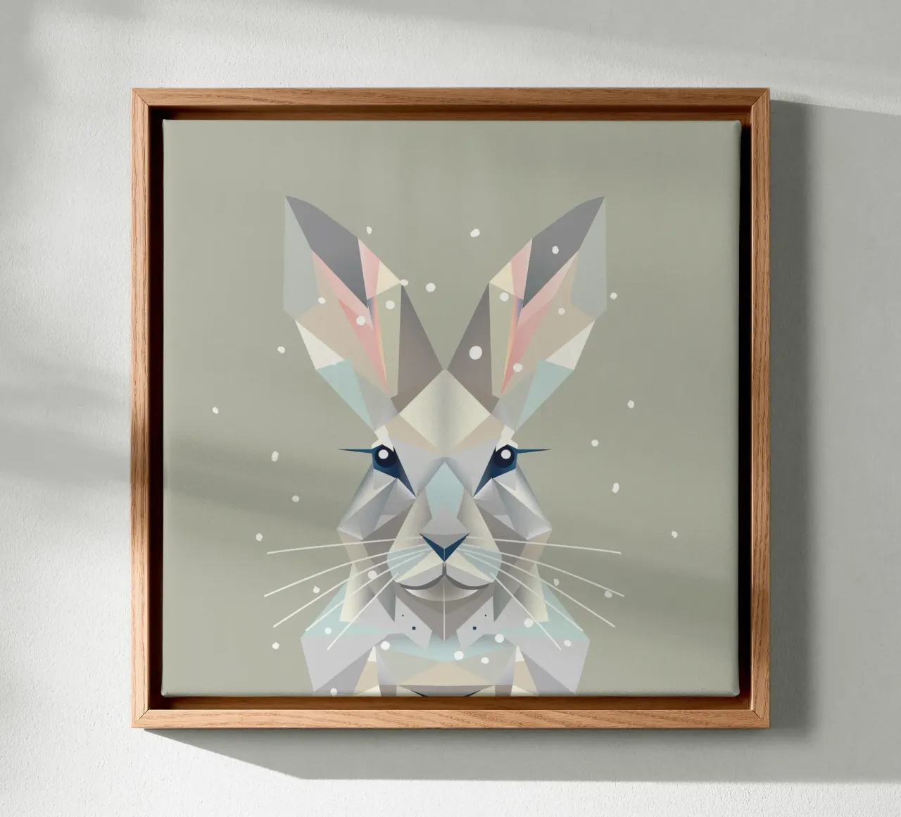 Geometrischer Schneehase – Zeitlose Eleganz des Winters Leinwand mit Schattenfugenrahmen von namosh
