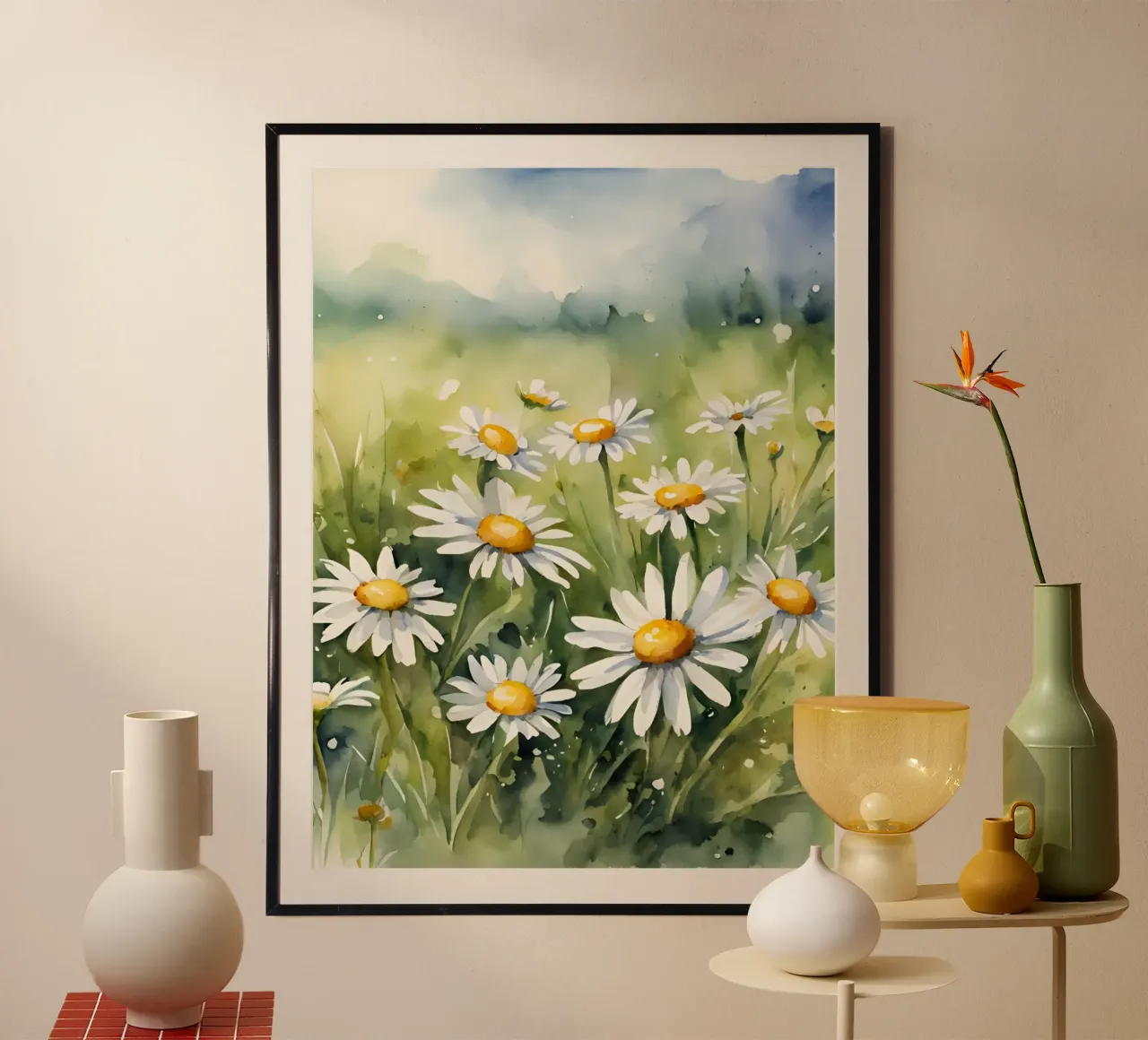 Margeritenwiese poster avec cadre en bois de Ohkimiko