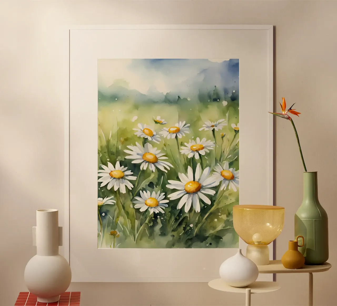 Margeritenwiese poster avec cadre en bois de Ohkimiko