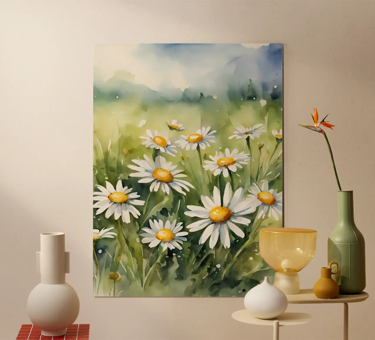 Margeritenwiese poster avec cadre en bois de Ohkimiko