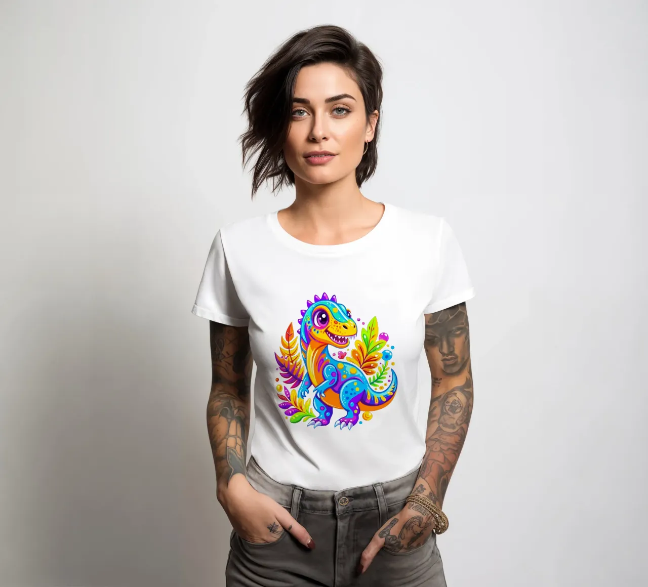Colorful Cartoon Dinosaur in Vibrant Jungle women's fitted t-shirt by Artnesia