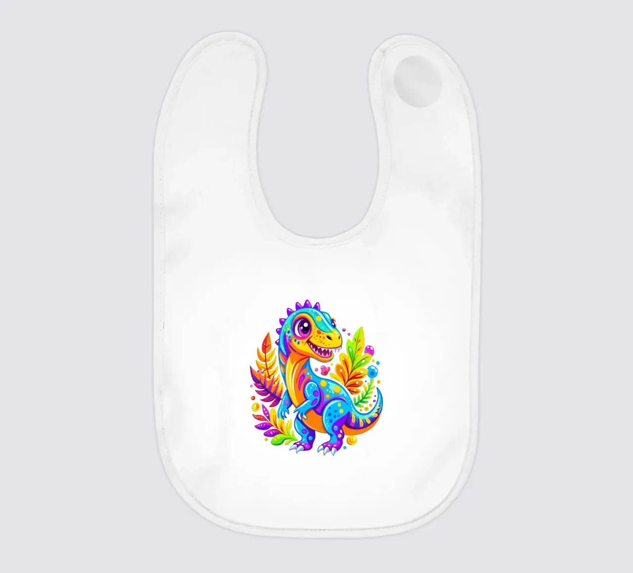 Colorful Cartoon Dinosaur in Vibrant Jungle baby bib by Artnesia