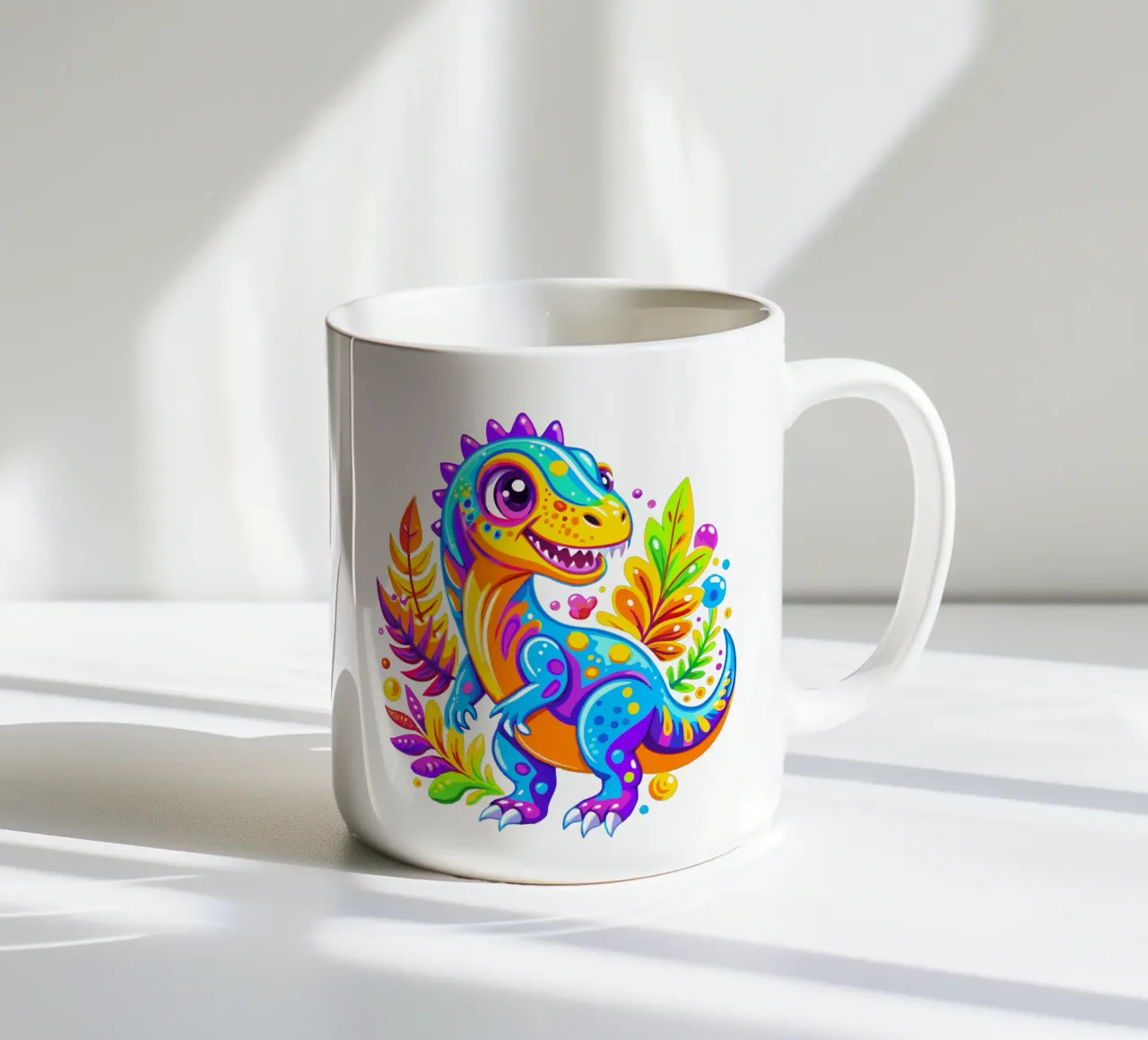 Dinosauro colorato dei cartoni animati in una giungla vibrante tazza in ceramica da Artnesia