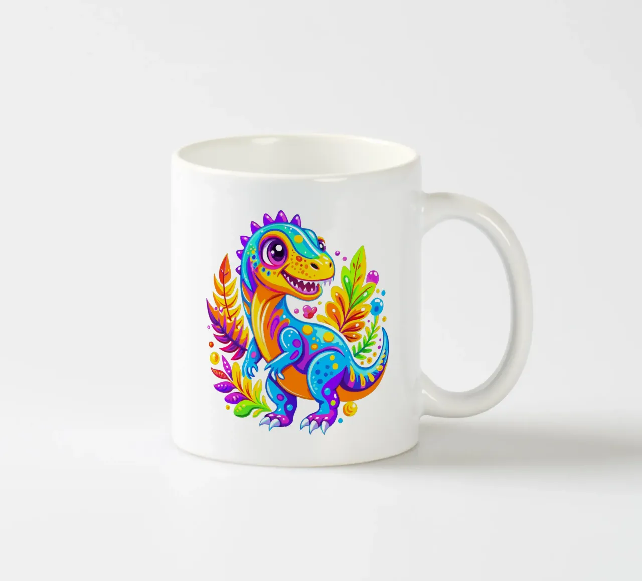 Dinosauro colorato dei cartoni animati in una giungla vibrante tazza in ceramica da Artnesia