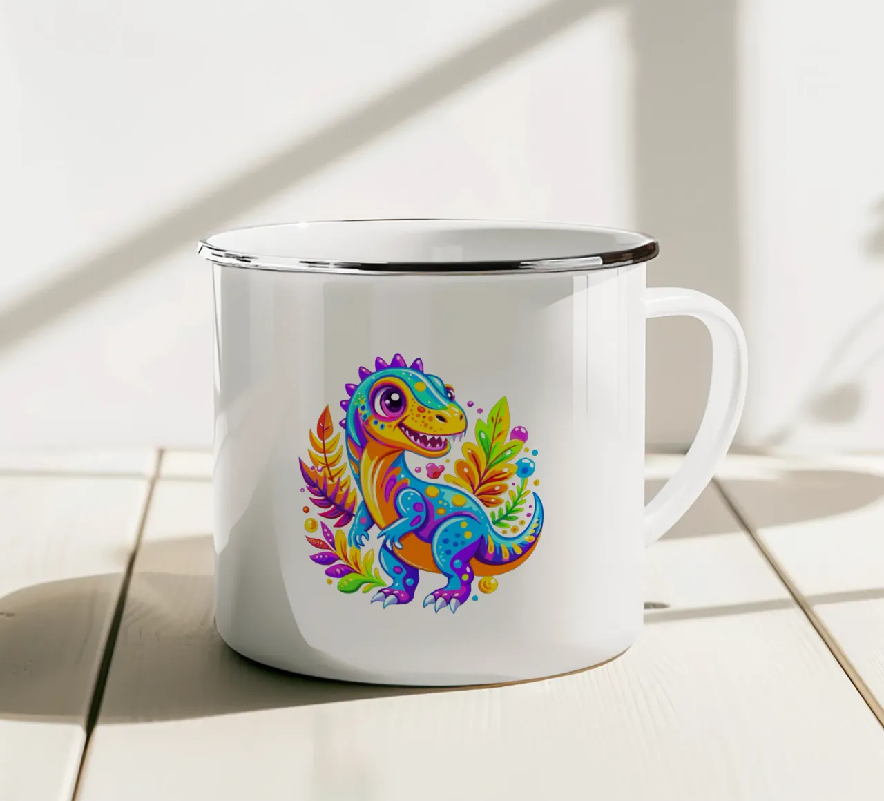 Dinosauro colorato dei cartoni animati in una giungla vibrante tazza in smalto da Artnesia