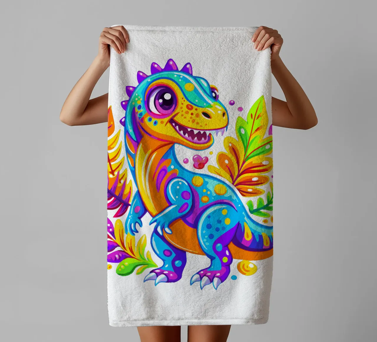 Dinosaure coloré dans une jungle vibrante serviette de bain de Artnesia