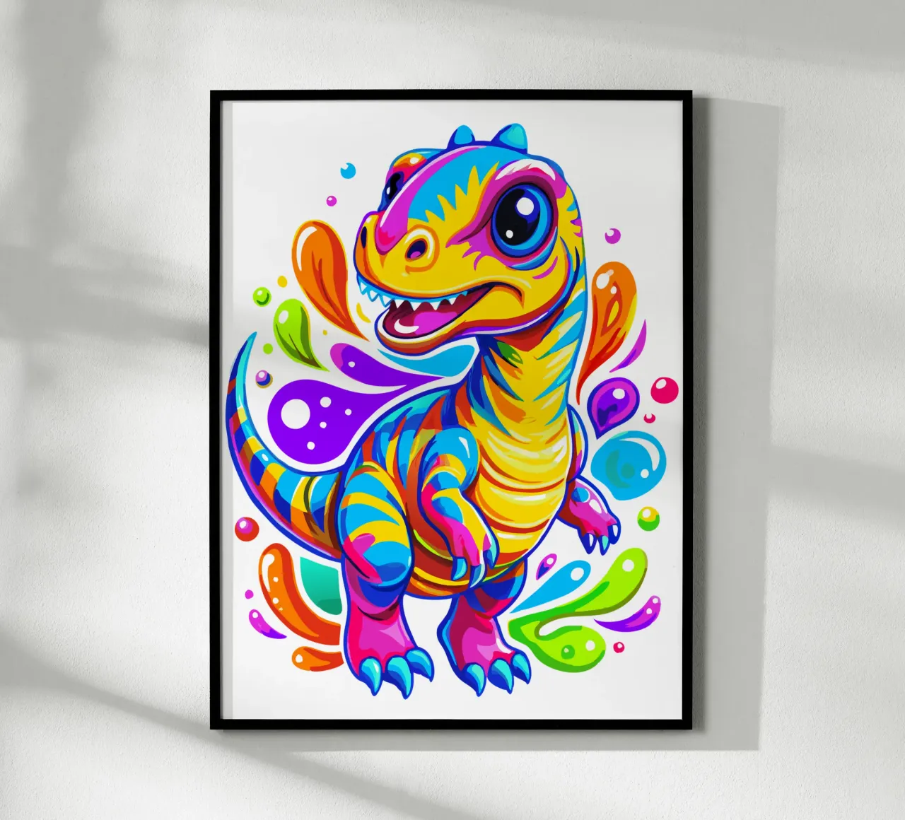 Dinosaure coloré - Splash Art - Dino mignon et vibrant poster avec cadre en aluminium de Artnesia