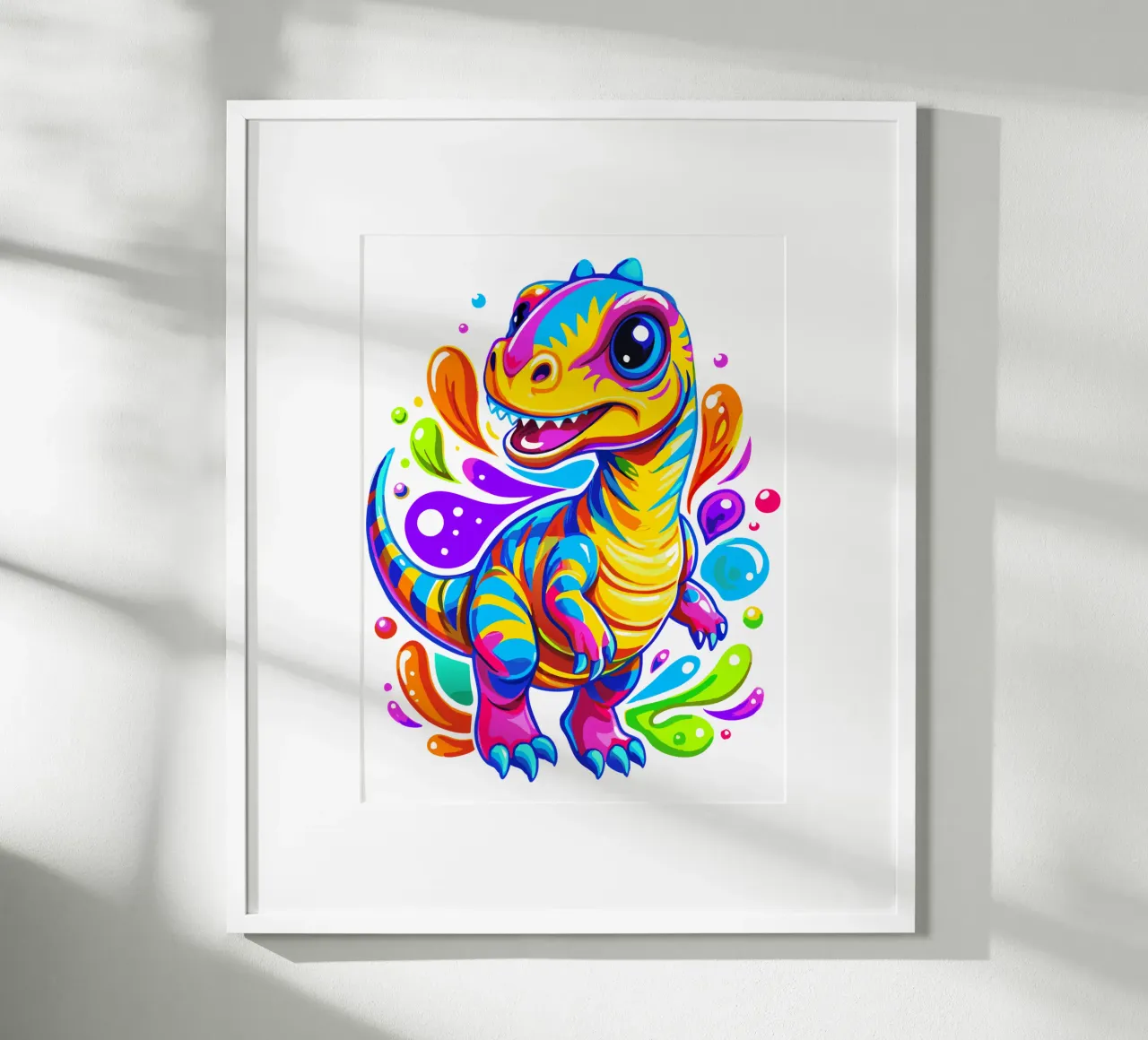 Dinosaure coloré - Splash Art - Dino mignon et vibrant poster avec cadre en aluminium de Artnesia