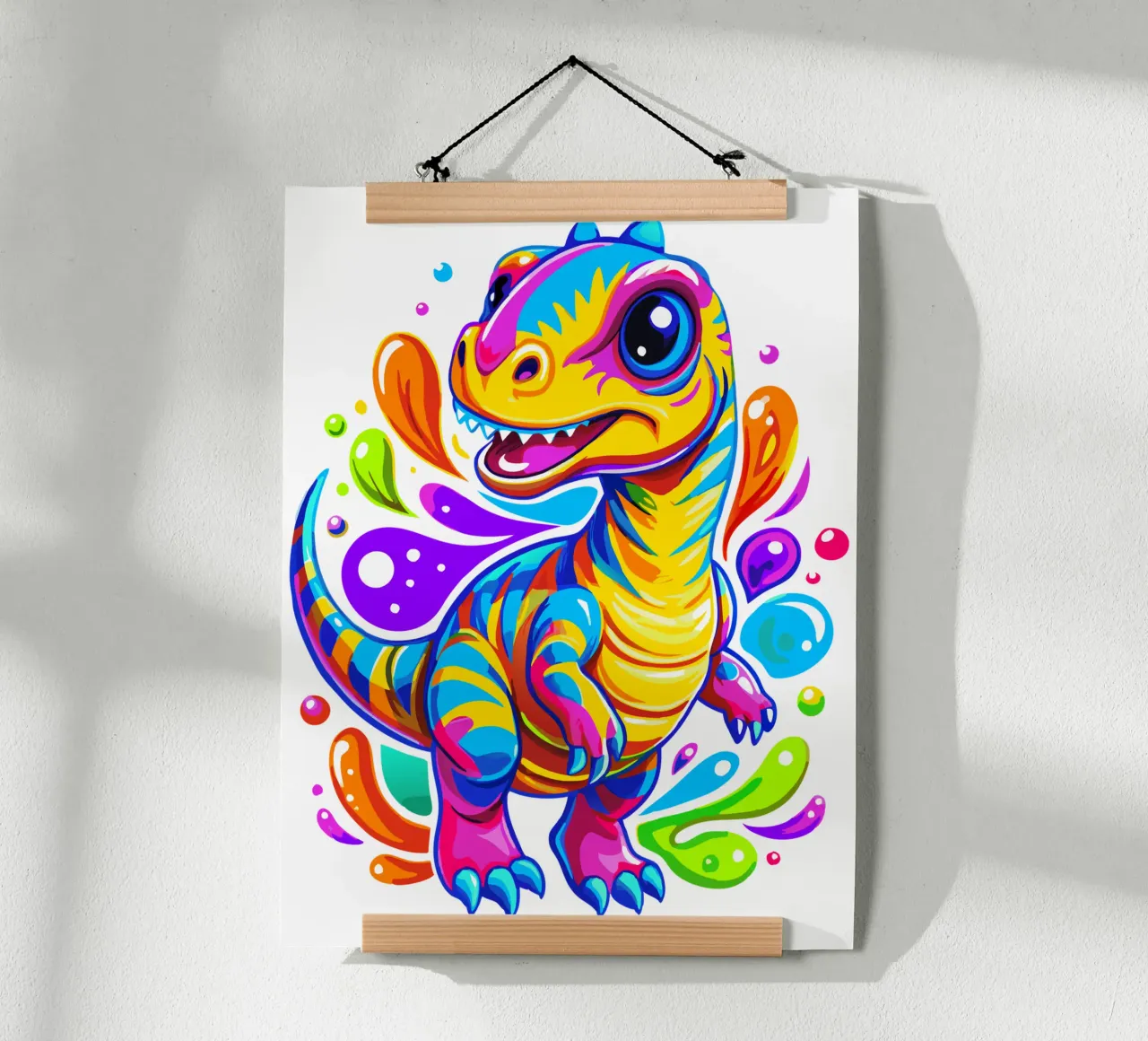 Dinosaure coloré - Splash Art - Dino mignon et vibrant poster avec cadre en aluminium de Artnesia