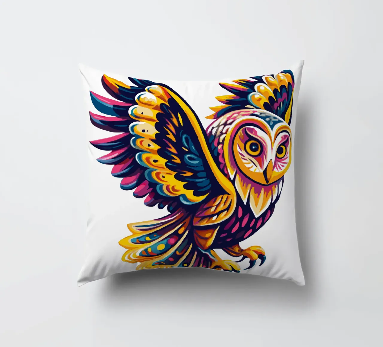 Arte del gufo psichedelico colorato - Illustrazione vivace di uccelli Boho cuscino da Artnesia