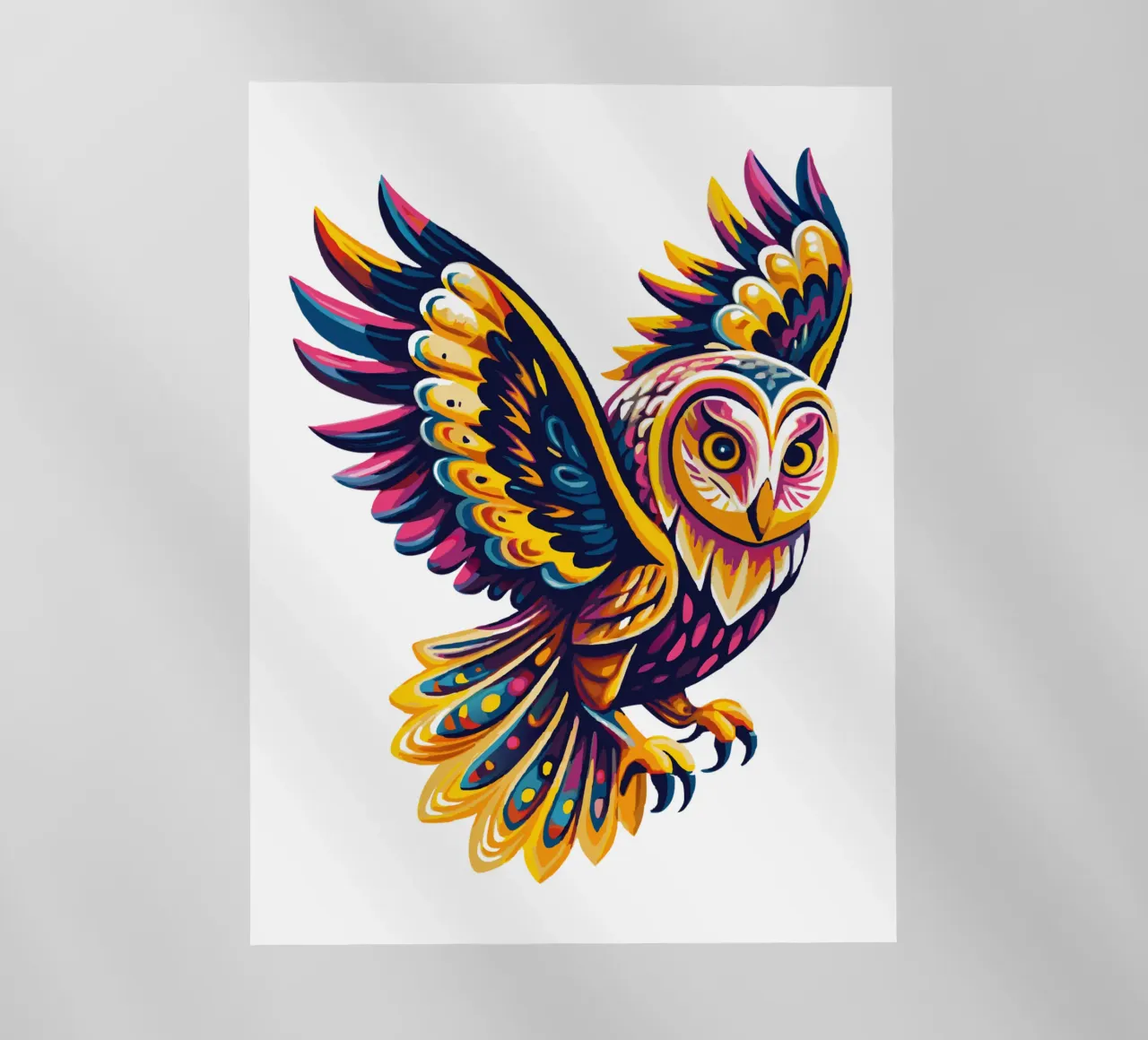 Arte del gufo psichedelico colorato - Illustrazione vivace di uccelli Boho pellicola backlit da Artnesia