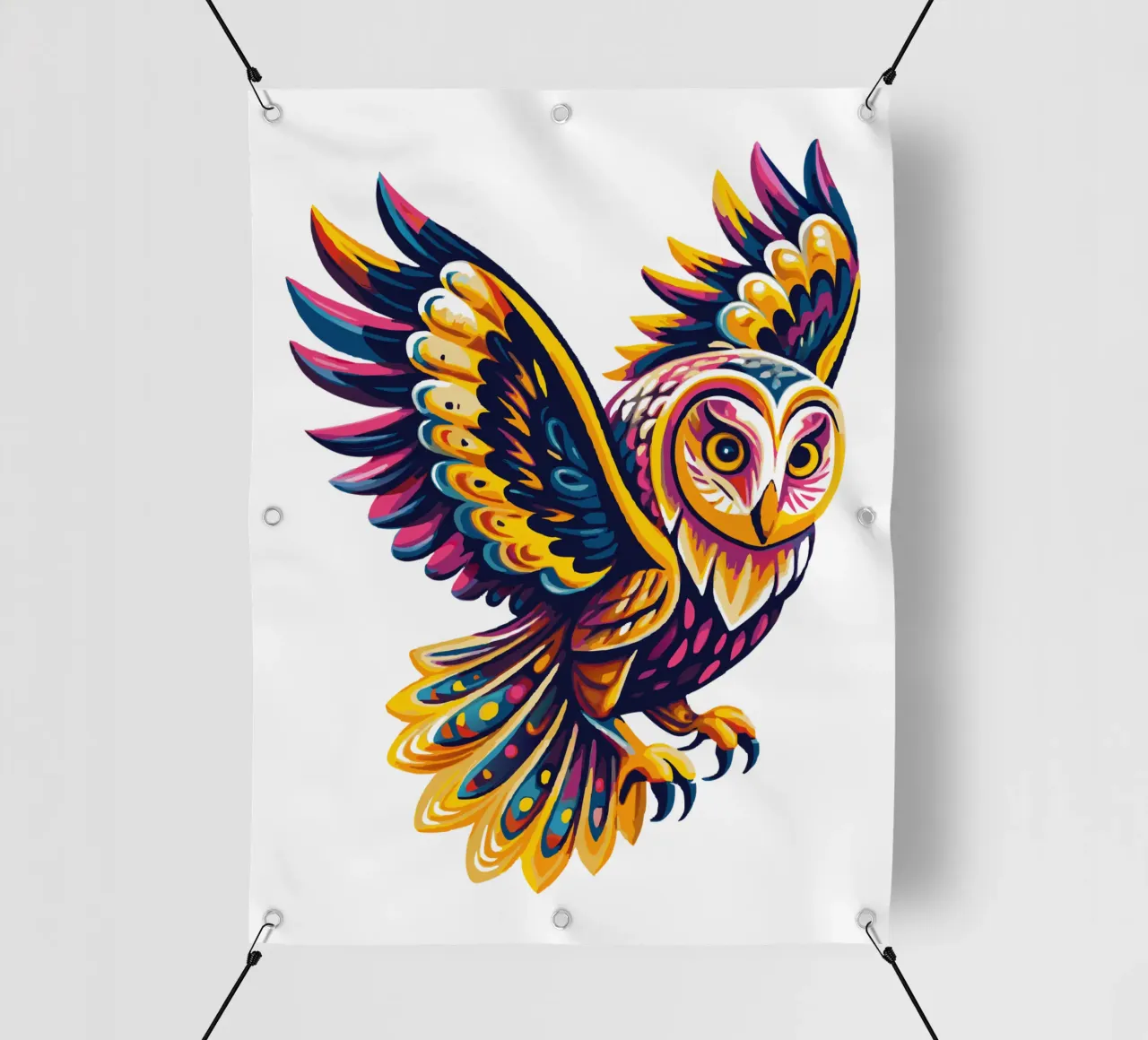 Arte del gufo psichedelico colorato - Illustrazione vivace di uccelli Boho telo in pvc da Artnesia